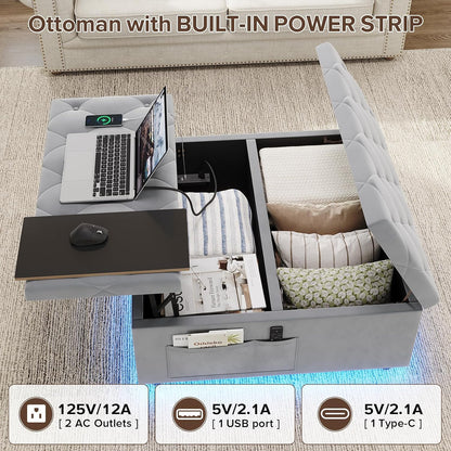 Dnxao Ottoman Coffee Table with Storage and Tray for Living Room, Gray | Tufted Velvet Large Square Ottoman with LED Lights and Charging Station, Multi-Functional Footrest with Storage Pockets