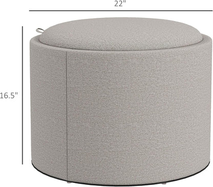 HOMCOM Round Storage Ottoman with Flip Top Tray, Footstool, Light Gray | Upholstered Fabric, Small Coffee Table, Hidden Compartment, Accent Vanity Stool, Living Room