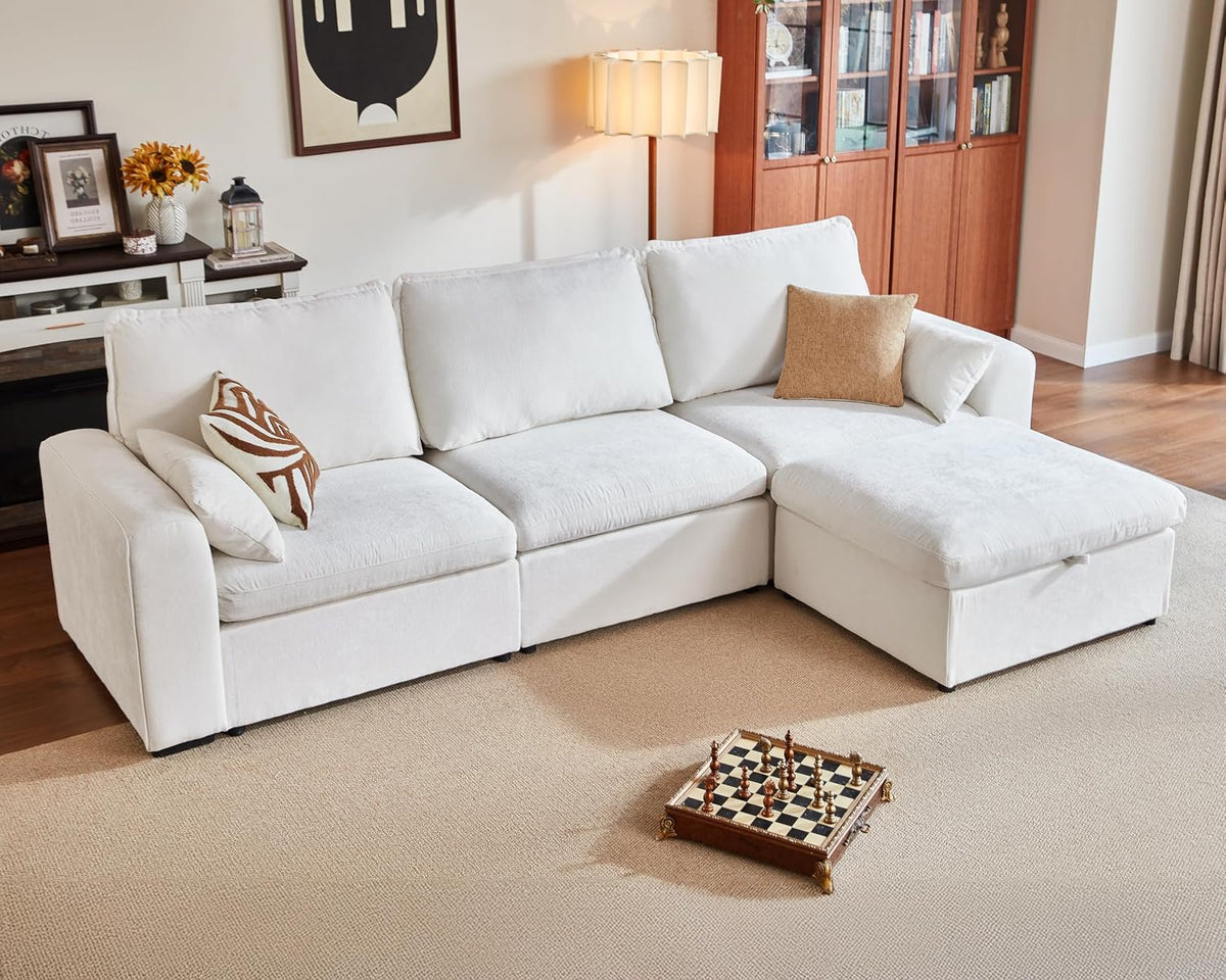 124.8'' Oversized Modular Sofa Comfy Cloud Couch with Storage Wide L-Shaped Sectional Sofa Set with Chaise for Living Room, Covers Washable, 4-Seater with Ottoman, Chenille, White