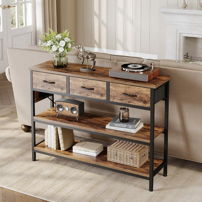 2 Pack Entryway Table with Outlets, 3 Fabric Drawers, 43in | 43.3"W x 11.8"D entry table with 2 outlets, 2 USB ports, swappable plug side, adjustable feet and anti-tip kit.