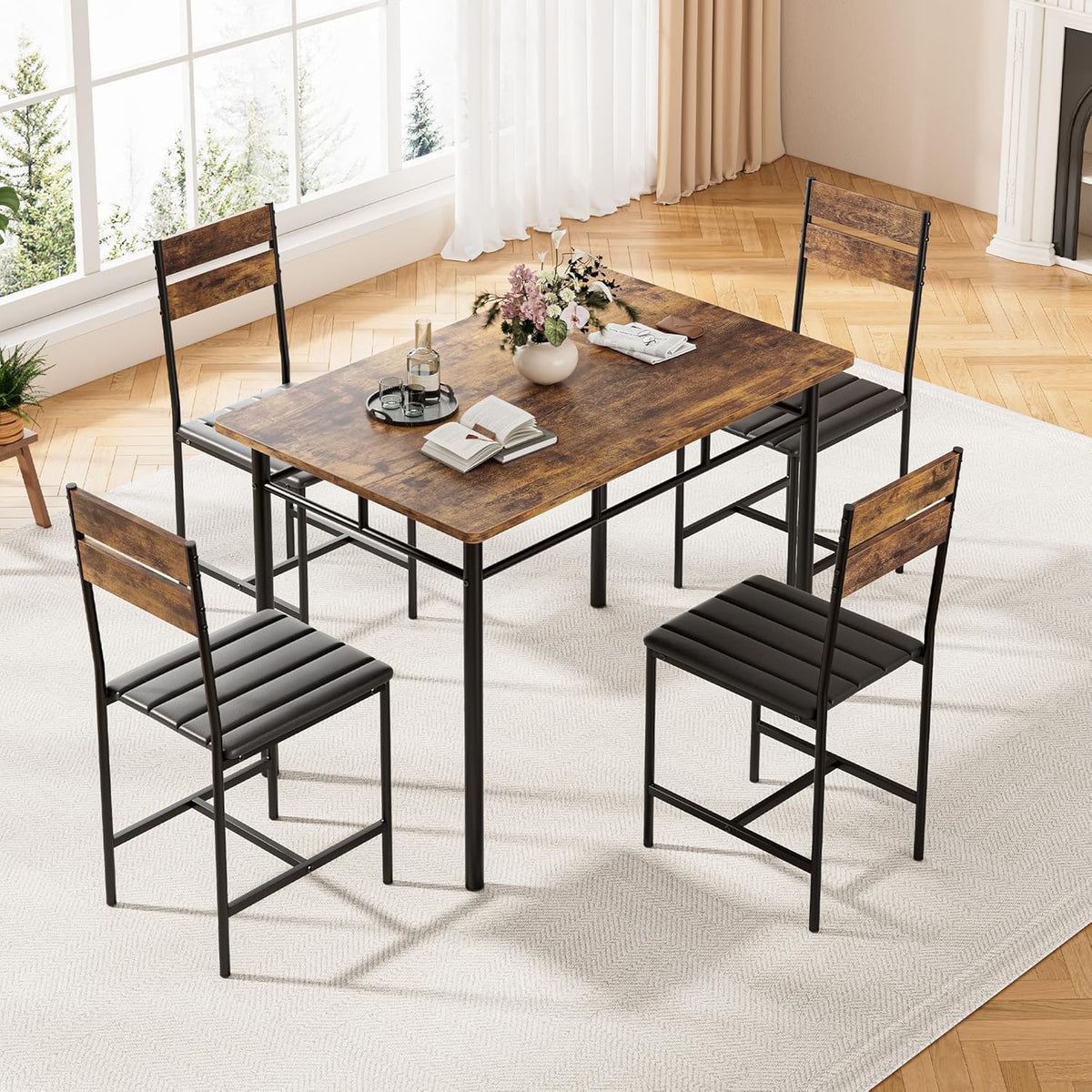 Dining Table Set for 4, Kitchen Table and Chairs for 4, Kitchen Table with 4 PU Leather Upholstered Dining Room Chairs for Kitchen Room and Small Spaces, Rustic Brown