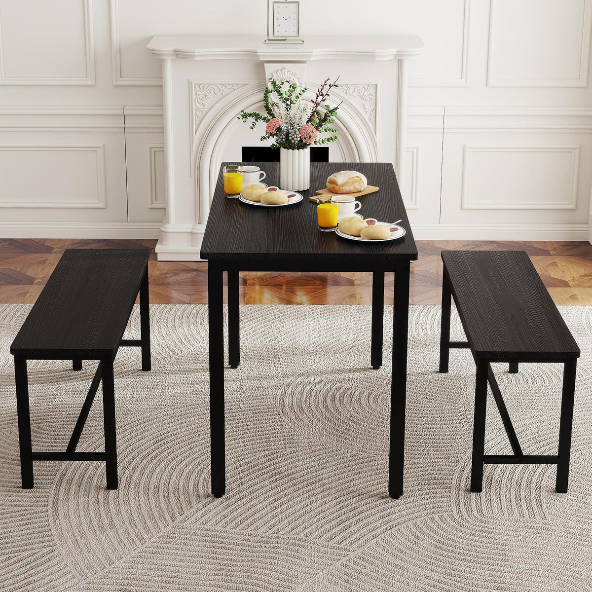 Dining Table Set for 4, Kitchen Table with 2 Benches, 3-Piece Wood Dining Room Furniture Dinette Chairs Sets for Breakfast Nook and Small Space, Black