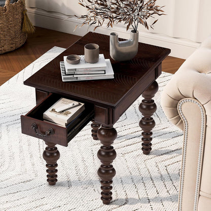 Retro Wooden Side End Table Vintage Nightstand Bedside Table with 1 Storage Drawer & Solid Wood Legs for Living Room Bedroom, No Assembly, Espresso