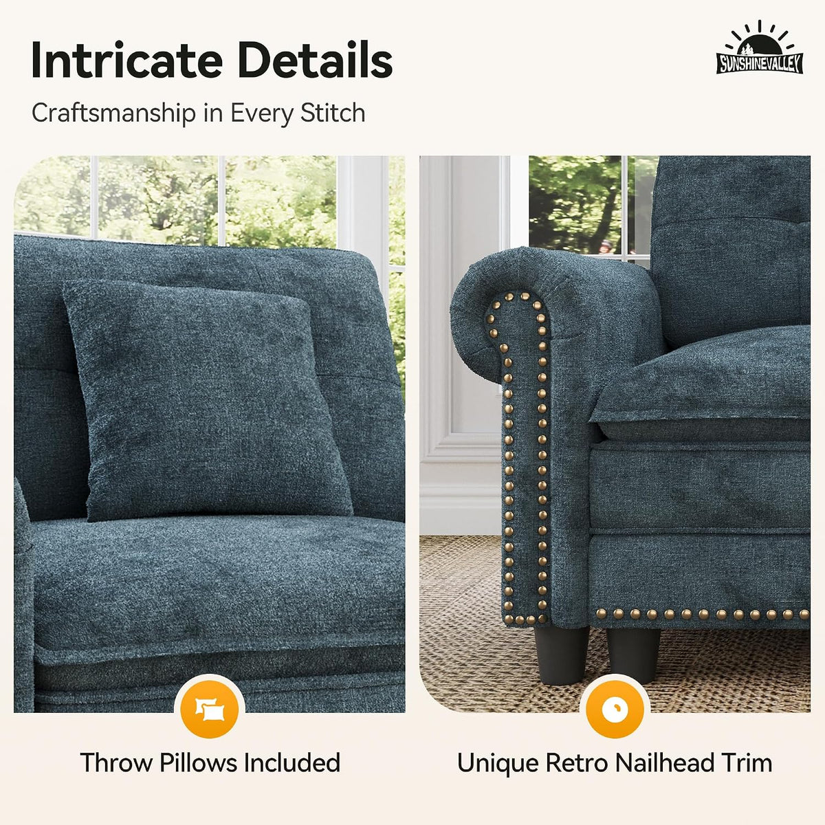 SUNSHINE VALLEY Modular Sectional Sofa and Loveseat Set Living Room 3-Piece | Mid-Century Modern 7-Seater Cloud Couch Set, Cyan, Rolled Arms & Nailhead Trim, Wider Deeper Seats, Chenille Furniture Set