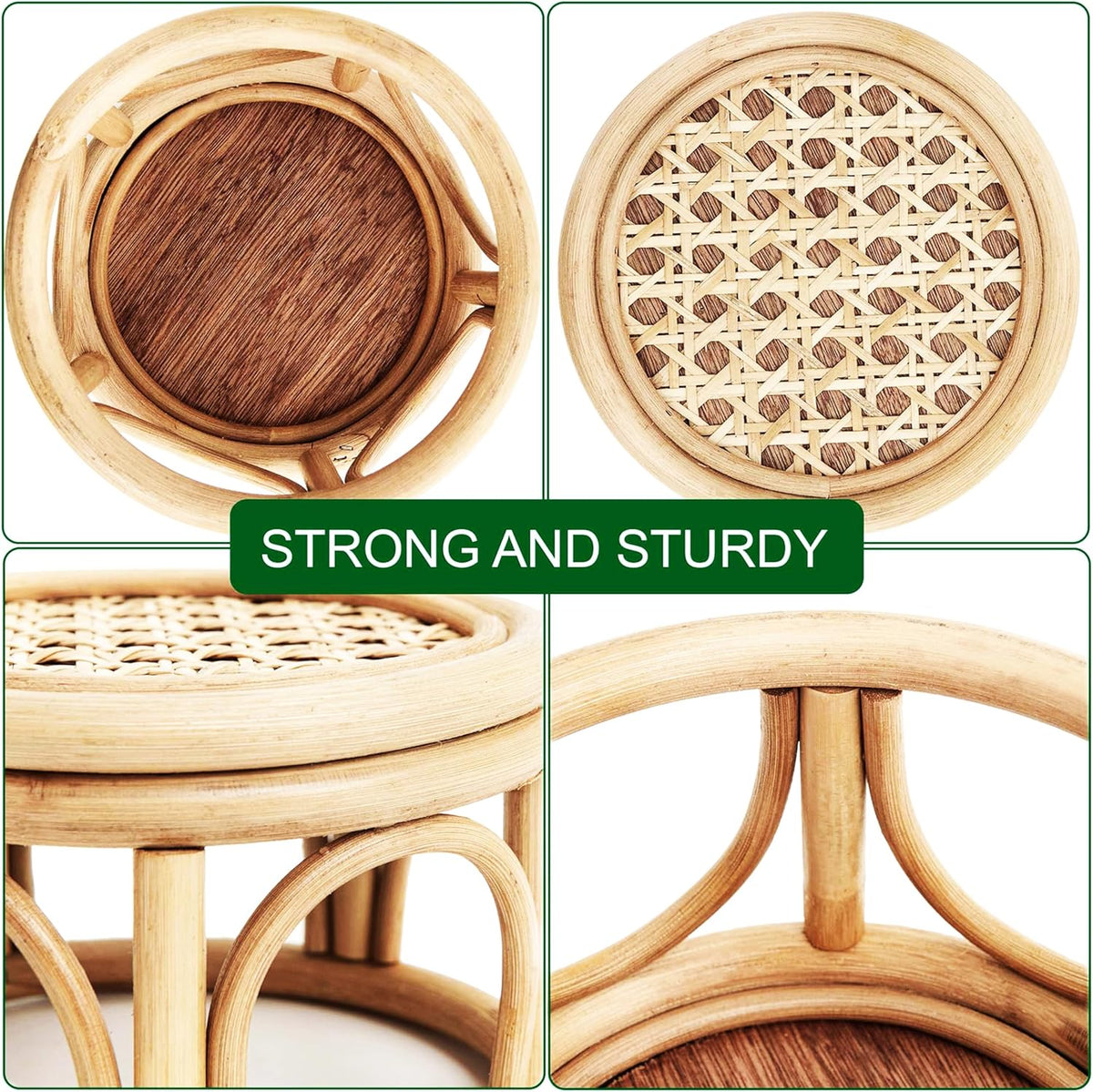 Set of 2 Small Boho Rattan Wicker Round Riser Plant Stand Indoor,Rustic Farmhouse Natural Wooden Circle Pedestal for Decor & Display, Tabletop, Office Decor