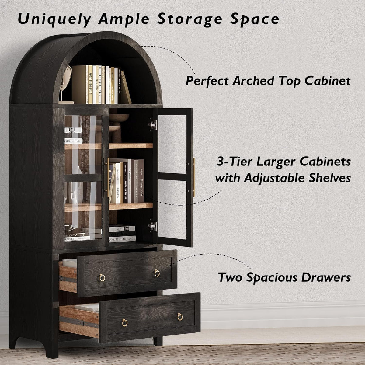 71" Tall Arched Kitchen Pantry Cabinet with Glass Doors, Modern Wood China Cabinet Storage Hutch with 2 Storage Compartment and Adjustable Shelves, Suitable for Dining Room, Coffee Bar