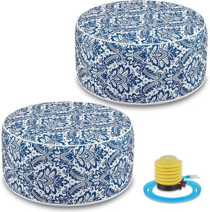 Cinnvoice 2 Pcs Inflatable Outdoor Ottoman Pouf Waterproof Round Footrest with Handle D21 x H9 Inch Indoor Outdoor Portable Footstool for Patio Garden Camping or Home Pool(Retro)
