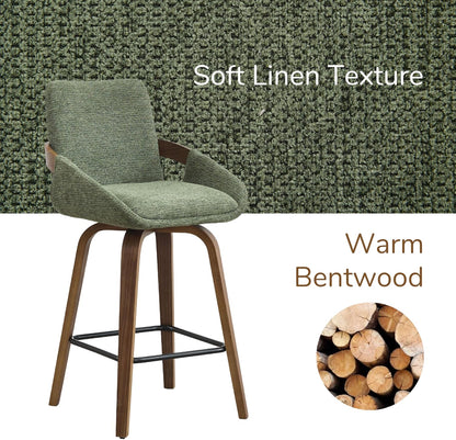 26" Swivel Counter Height Bar Stools Set of 3, Moss Green | Walnut Bentwood Back, Linen-Texture Fabric, Mid-Century Modern Style, 360° Swivel, 350 LBS Weight Capacity