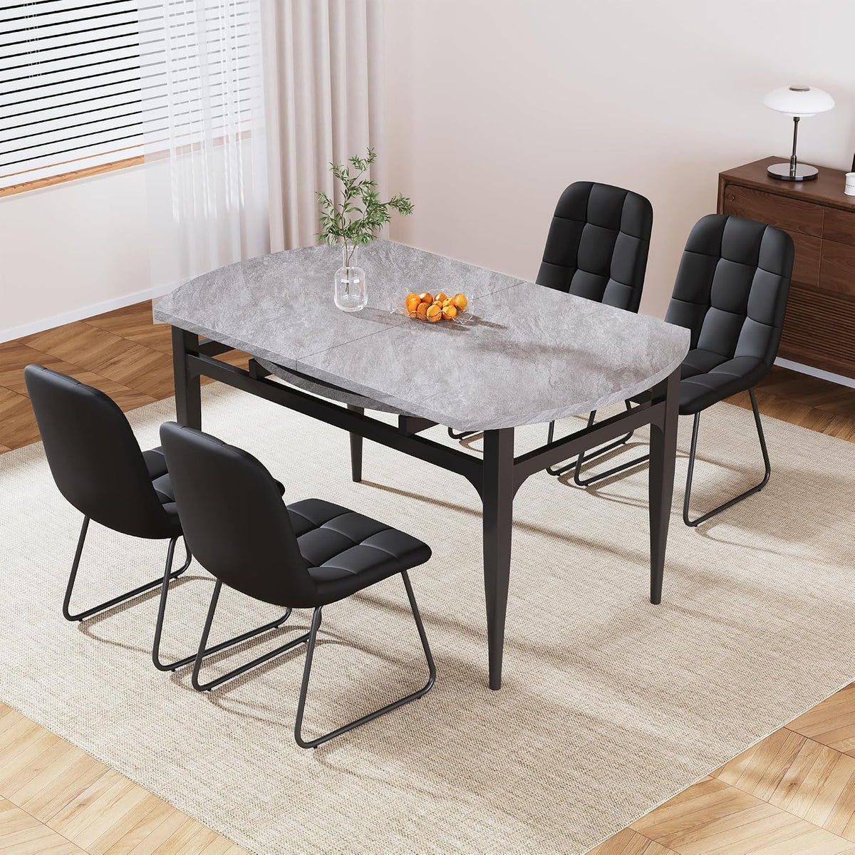 HIPIHOM Expandable Folding Dining Table Set, 55-Inch Round to Square Table with 6 Upholstered Chairs, Metal Frame, for Dining Room or Apartment (Round Table + 6 Black Modern Dining Chairs)