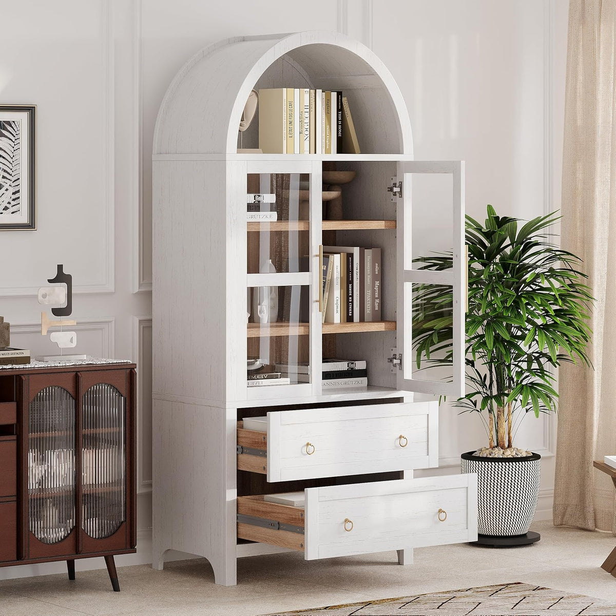 Tall Arched Pantry Cabinet with Glass Doors,White Kitchen Pantry with Adjustable Shelves,Arched Display Cabinet,for Kitchen, Dining Room
