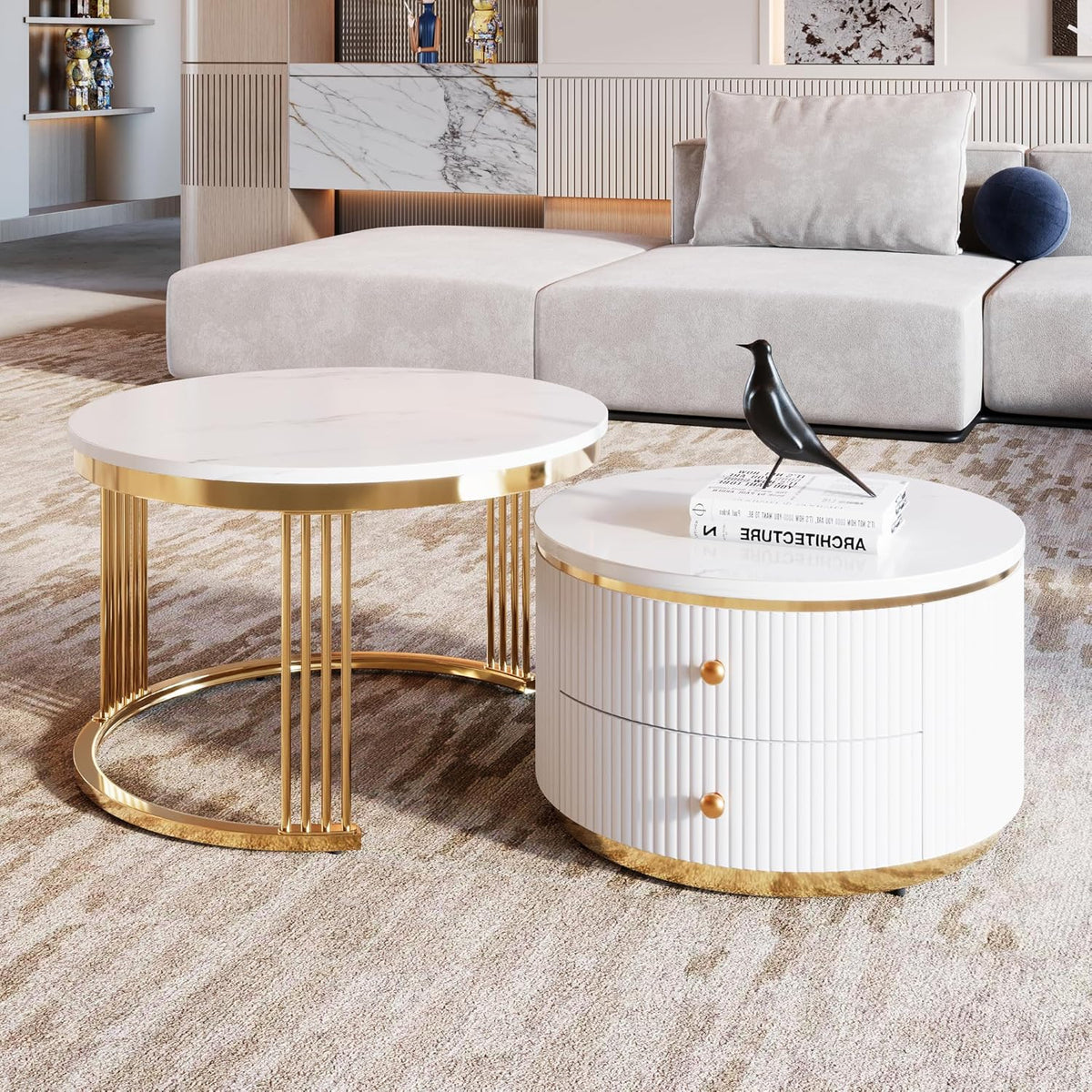 Modern 2 Pieces White Round Nesting Coffee Table with Drawers in 27.6''