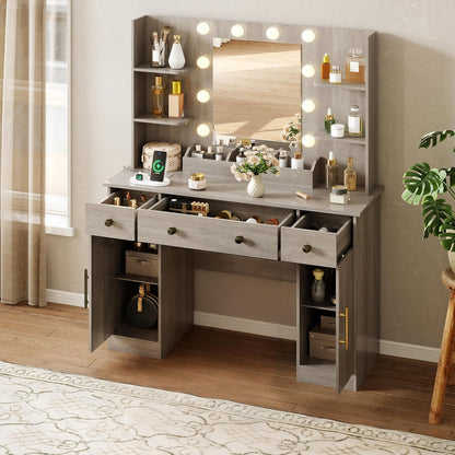 HUANLEGO Vanity Desk with Mirror and Lights, Makeup Vanity with Mirror and LED Lights & Power Outlet, 3 Drawers and Cabinets, 3 Lighting Modes Dressing Table Set for Girls Women Bedroom,Grey