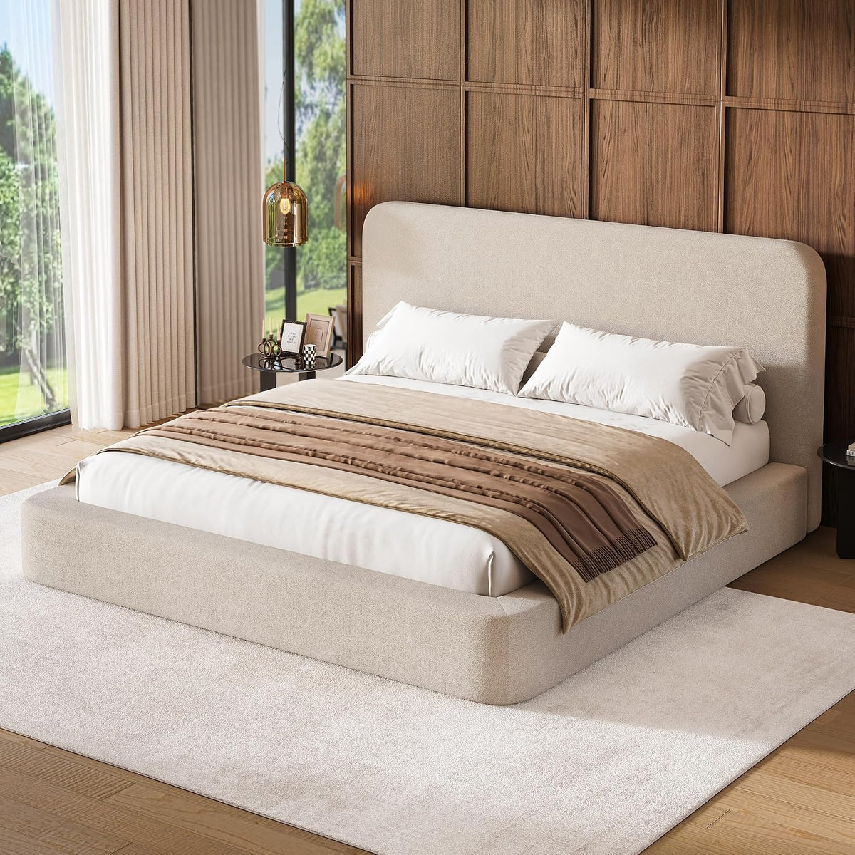 LARMACE King Upholstered Platform Bed Frame with Padded Headboard