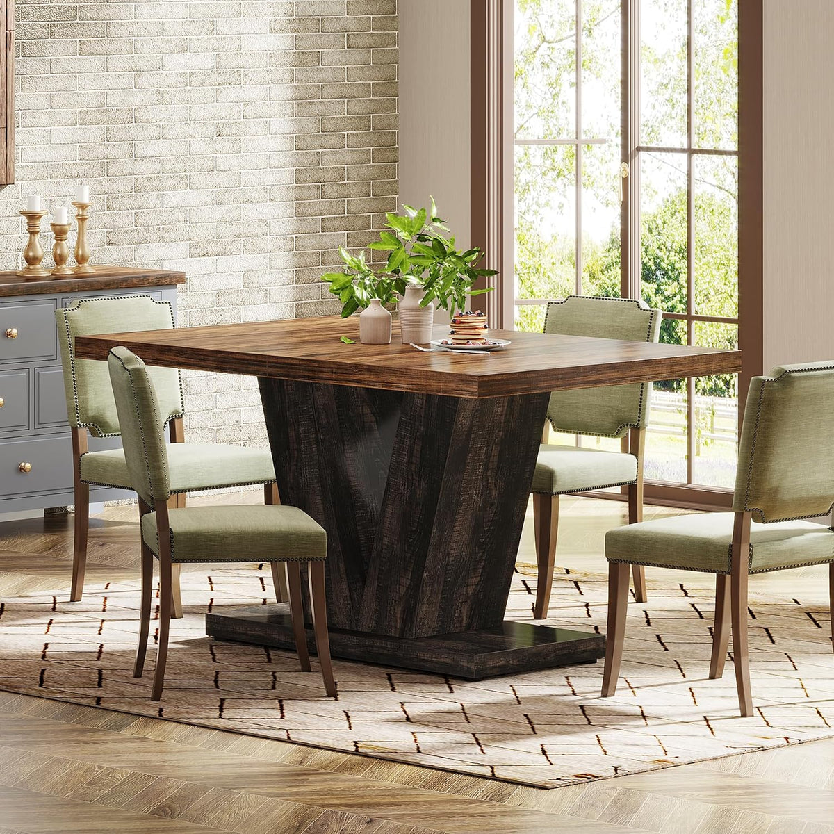 Tribesigns 47-Inch Dining Table for 4, Black Kitchen Dinner Table with Heavy Duty Pedestal, Farmhouse Wooden Eating Table for Home, Dining Room, Small Space, Black & Brown