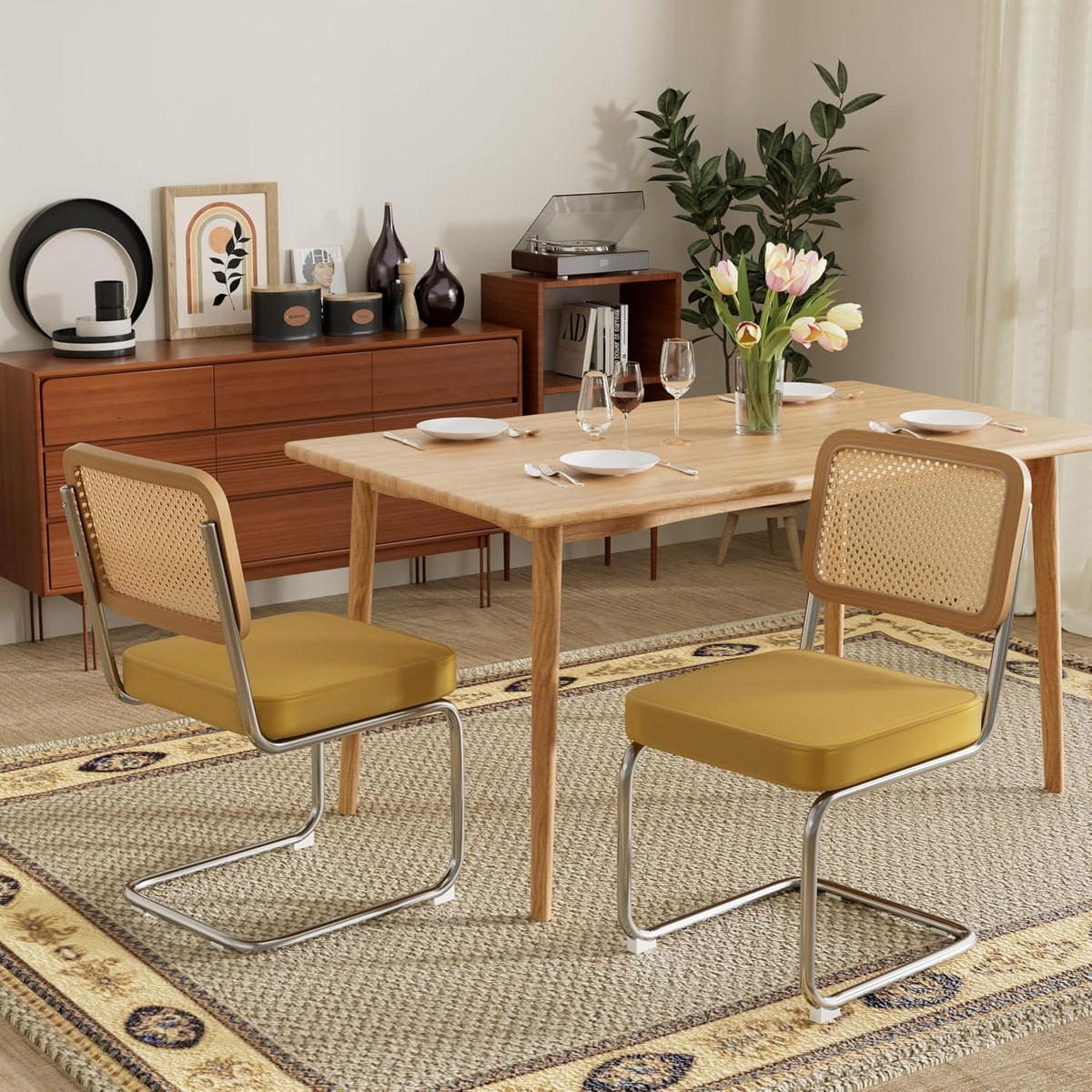 Rattan Dining Chairs Set of 2, Mid Century Kitchen Chairs with Natural Mesh Rattan Backrest & Metal Chrome Legs, Cesca Design Velvet Dining Room Chairs for Kitchen, Gold Yellow(Chair Only)