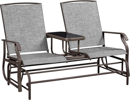 Yaheetech Outdoor Glider Bench Patio Loveseat with Table, Gray | Steel frame, Texteline fabric and tempered glass table provide comfort, easy assembly, and roomy two-person outdoor seating.