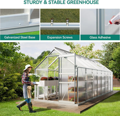 YITAHOME 16x6FT Polycarbonate Greenhouse for Outdoors, Large Heavy Duty Aluminum Greenhouses with Sliding Doors and Vent Window, Walk-in Greenhouse for Garden Backyard, Simple Setup, Silver