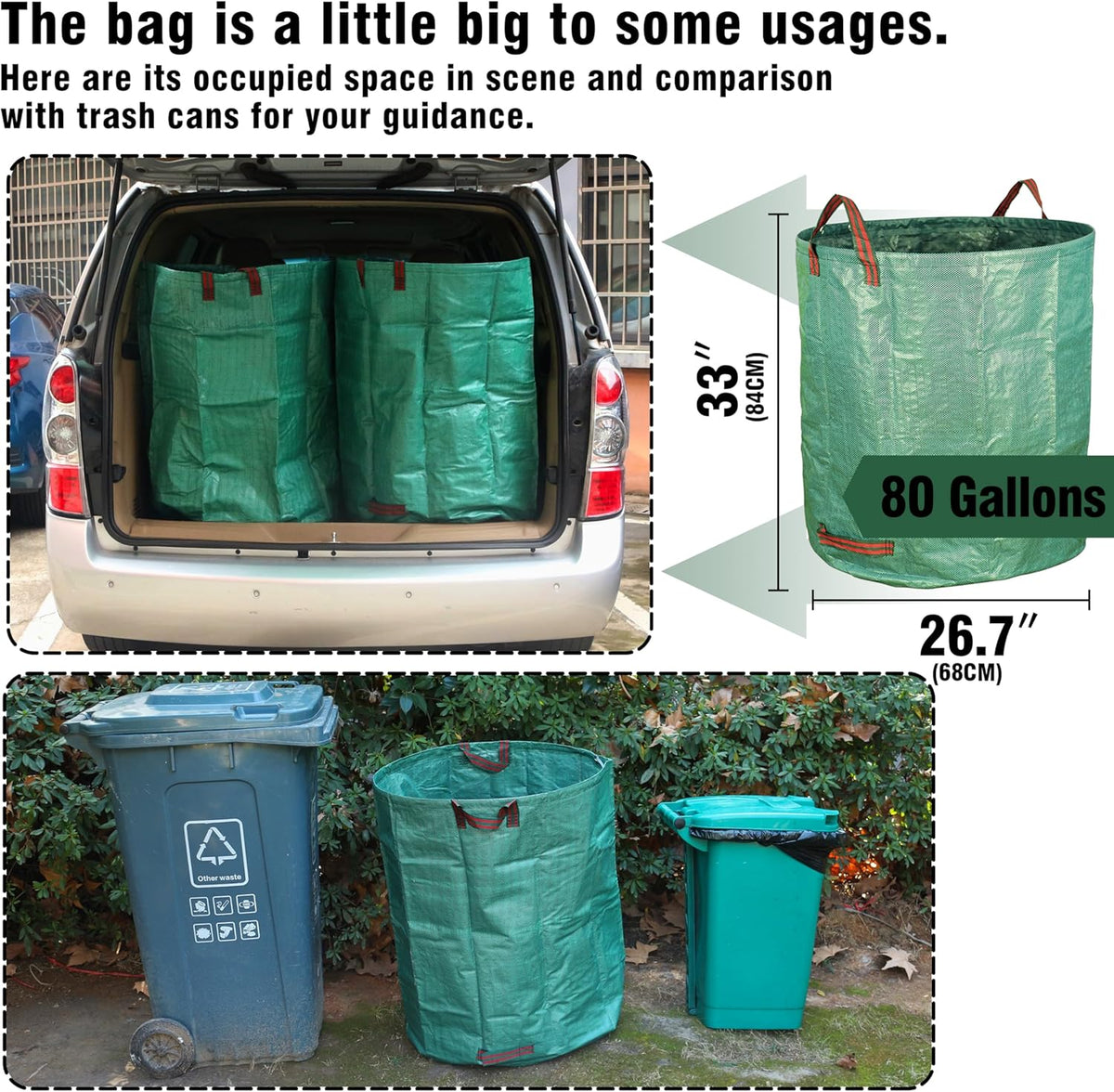 Gardzen 3-Pack 80 Gallon Yard Waste Bags, Reusable Heavy Duty Collapsible Garden Leaf Bags with Plastic Ring, Stand-Up Yard Waste Bin for Leaves, Lawn Debris & Grass Clippings