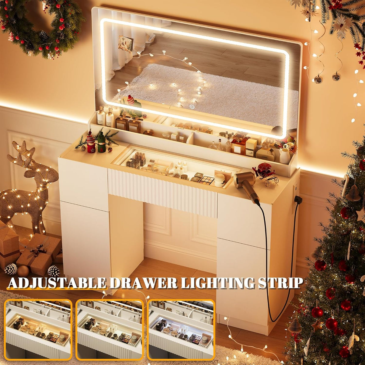 INNOD 44" Vanity Desk with Large Mirror and Lights, Modern Glass Top Makeup Vanity Set with Power Outlet, 3 Drawers and 2 Cabinet, 3 Lighting Color Adjustable Dressing Table for Bedroom,Pure White