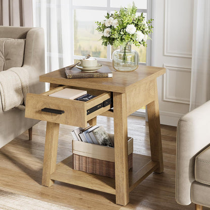 Tribesigns Farmhouse Square Side Table, 2 -Tier Wooden End Table with Drawer, Rustic Nightstands with Shelf Storage for Living Room, Bedroom, Office and Small Spaces