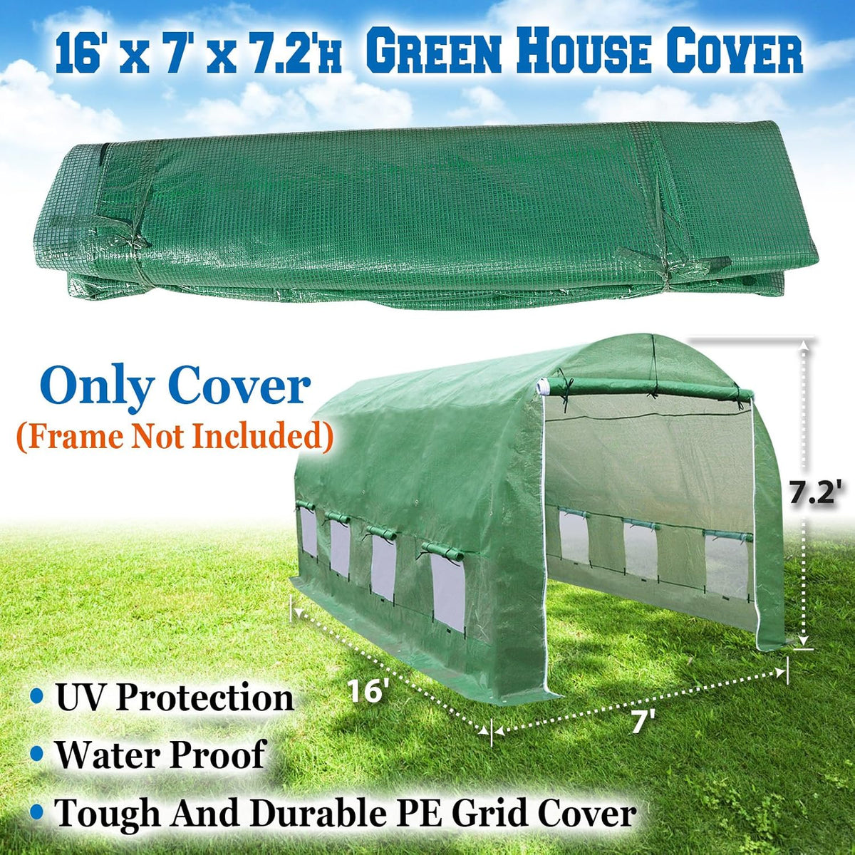 Strong Camel Greenhouse Replacement Covering for Outdoor Larger Hot Garden House, Support Arch Frame Climbing Plants/Flowers/Vegetables (16' X 7' X 7', Cover)