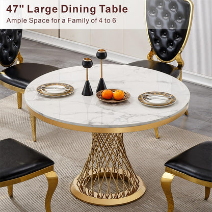GlyphForm 47" Round Faux Marble Dining Table for 4 to 6, Luxury Modern White Kitchen Table with Gold Stainless Steel Spiral Base Frame, easy to clean Heavy Duty Dining Room Table for Home Office, MDF