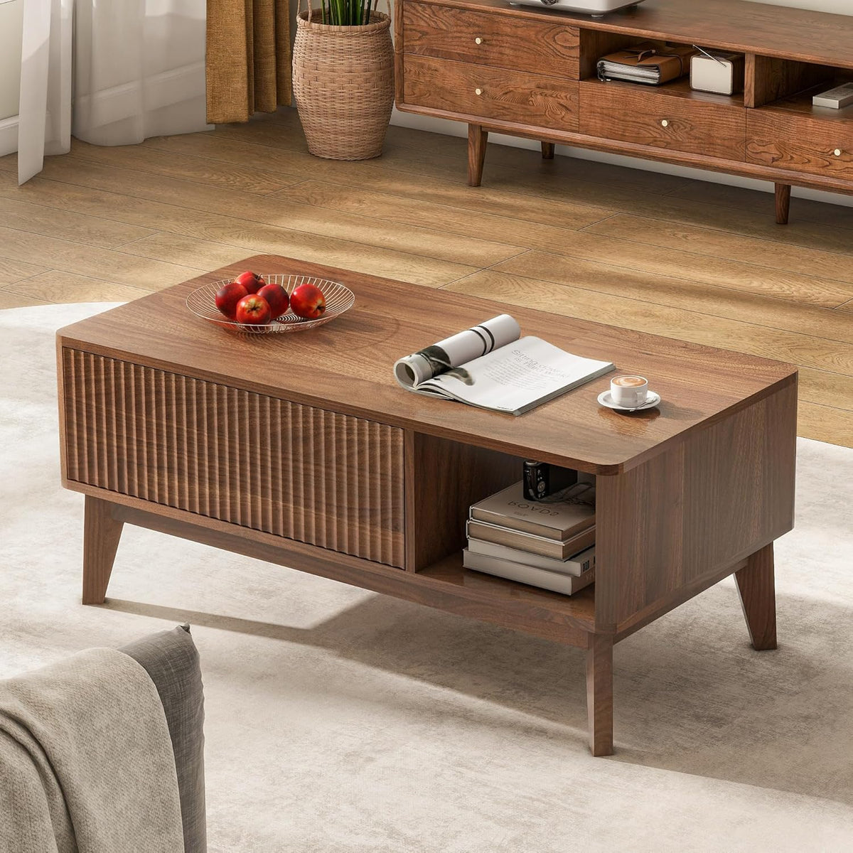 LYNCOHOME Fluted Lift Top Coffee Table with Storage, Modern Coffee Table for Living Room, Home Office（Walnut）