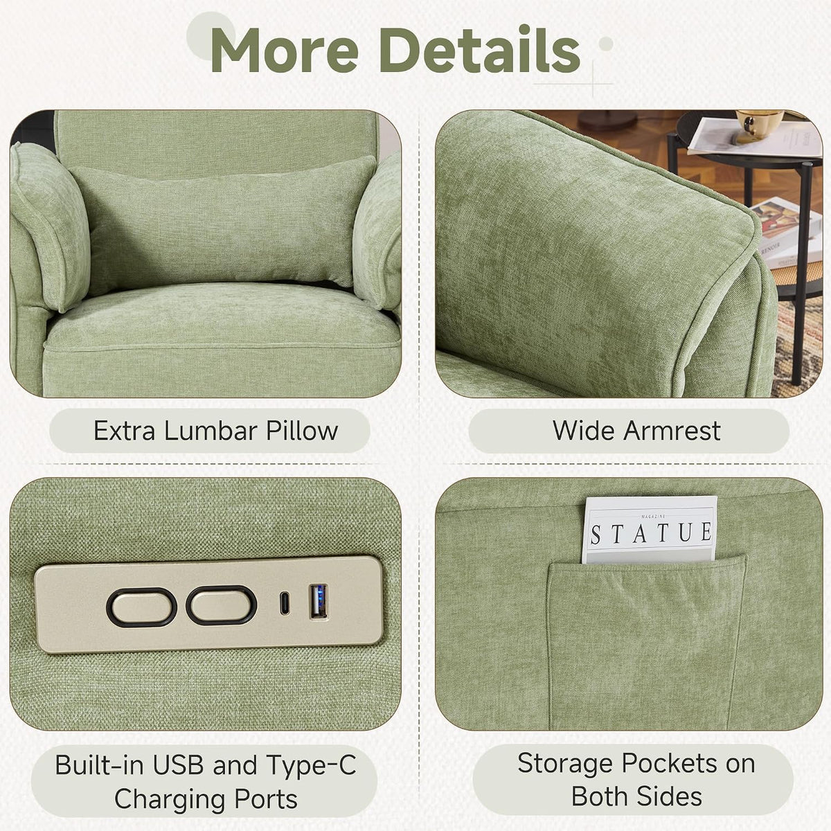 Power Recliner Rocking Chair with Adjustable Arms and Headrest,Green Fabric | Swivel electric glider,nursing chair glider for nursery, storage bags and USB port included, FSC certified