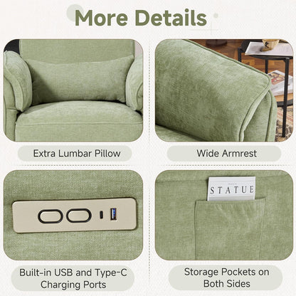 Power Recliner Rocking Chair with Adjustable Arms and Headrest,Green Fabric | Swivel electric glider,nursing chair glider for nursery, storage bags and USB port included, FSC certified