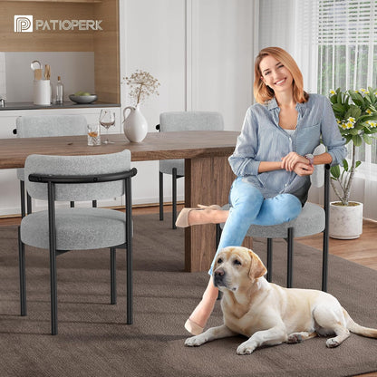 PatioPerk Boucle Dining Chairs Set of 6, Light Gray Mid Century Morden Chair with Curved Backrest, Round Upholstered Sherpa with Metal Legs, Suitable for Various Kitchen Styles