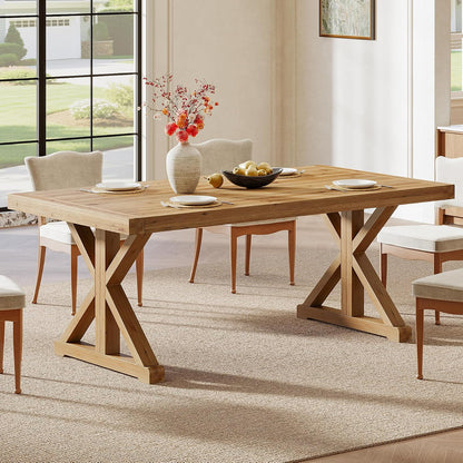 Solid Wood Dining Table for 4-6, 63-Inch Farmhouse Kitchen Table with Sturdy Legs, Wooden Rectangular Dinner Furniture for Kitchen, Dining Room, Light Brown