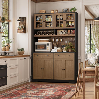 HOSTACK 75" Kitchen Pantry Storage Cabinet, Coffee Bar Hutch Cabinet, Brown | Tall Pantry Cabinet with Charging Station / Wide Countertop / Glass Doors / Wine Rack / Cup Holder / Drawers, Dining Room