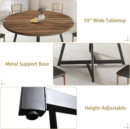 59" Round Dining Table for 6-8, Modern Kitchen Table with Steel Base, Dining Room Tables for Kitchen, Dark Brown