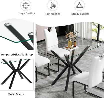 5 Pieces Modern Luxury Glass Dining Set, Minimalist Rectangle Dinner Room Set for 4, 47'' Clear Glass Top Kitchen Table Set with Black Base, Blue Tufted Chairs, for Small Apartment Home