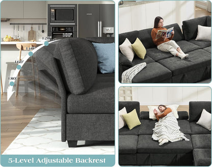 Jocisland 105" Sofa Bed, Sectional Sleeper Sofa with Pull Out Bed/Reclining Backrest, Sleeper Couch Bed with Storage, 6 Seater Couch Bed for Living Room, Chenille Dark Gray