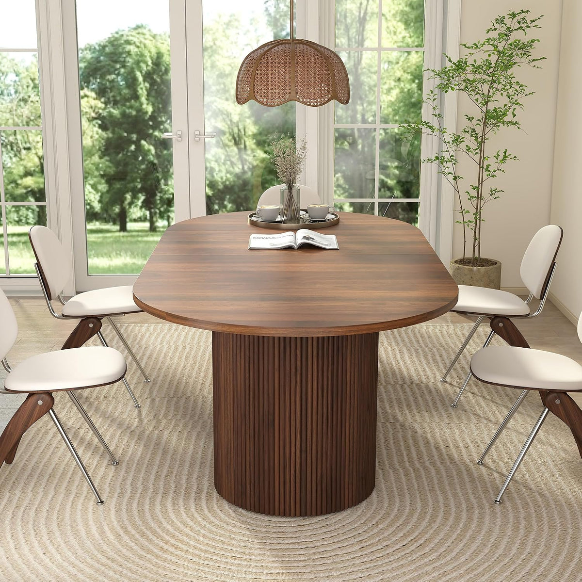 41 in-78 in Extendable Dining Room Table for 4-8, Round Expandable Kitchen Table with Fluted Base, Modern Farmhouse Oval Dinner Tables for Dining Room Kitchen Living Room (Walnut)