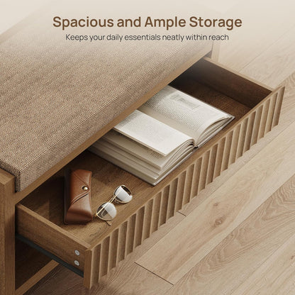SICOTAS Fluted Shoe Bench with Cushion & Drawer for Entryway, Caramel Oak | Modern Fluted Design, 300 lb Capacity, 19.69"H Ergonomic Seat, Spacious Drawer, Open Shoe Storage, Multi-Room Use