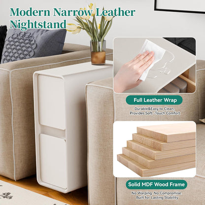 7.8" W Faux Leather Narrow Nightstand, Modern Fully-Assembled Bedside Table with 2 Drawers, Wood Night Stand Small Accent End Table & Side Table for Bedroom, Cream White