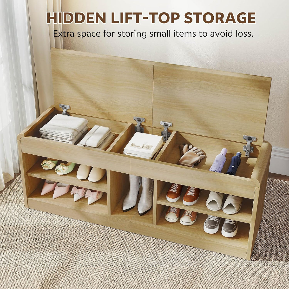 Shoe Storage Bench, 47.2in Entryway Bench with Flip-Open Storage Box, 2 Tier Shoe Rack Organizer with Shelf, Entryway Cabinet for Hallway Living Room Bedroom, Natural