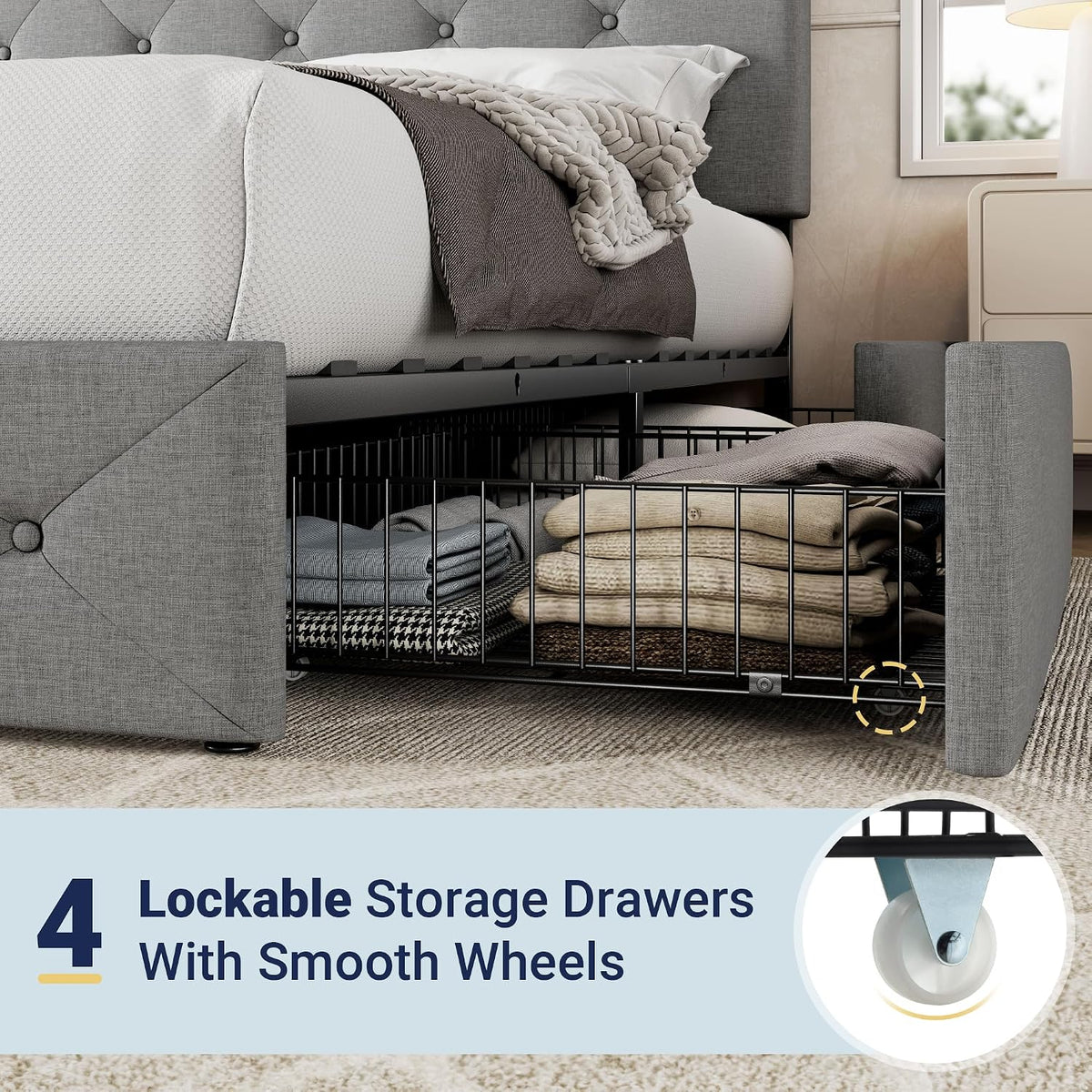 Allewie Full Size Storage Bed Frame with 4 Underbed Drawers, Light Grey