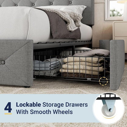 Allewie Full Size Storage Bed Frame with 4 Underbed Drawers, Light Grey