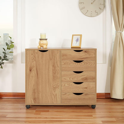 Naomi Home Amy 5-Drawer Rolling Storage Cabinet with Shelves - Natural | 5 Spacious Drawers • Storage Cabinet With 2 Shelves • Smooth-Rolling Casters • Spacious Tabletop • Modern Space-Saving Design