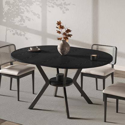 42"-58" Extendable Round Dining Table with Built-in Flip Leaf, Modern Oval Kitchen Table for 4-6, Space-Saving Small Room Furniture with Storage Shelf and X-Shaped Metal Base for Kitchen, Dining Room