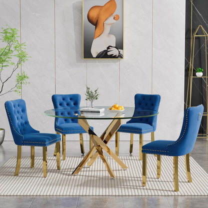 Round Glass Dining Table Set for 4, Small Kitchen Table Set for 4, 47" Circle Glass Dinner Table and Blue Velvet Chairs Set of 4,5 Piece Round Dining Room Table Set for Dinette Breakfast Cafe Party