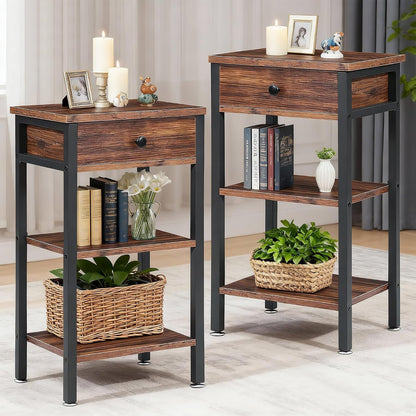 VECELO Tall End Table Set of 2,Nightstand with Drawer and Adjustable Storage Shelf,27.6 inch Side Table for Living Room/Bedroom/Entryway Small Spaces