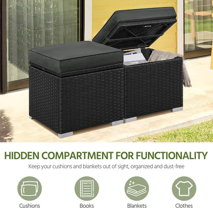 Yaheetech Wicker Ottomans, Set of 2 PE Rattan Side Tables, Black/Gray | Outdoor/Indoor Footstools with Hidden Storage & Removable Cushion, Additional Seating for Patio/Garden/Balcony/Yard