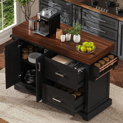 53" Large Kitchen Island with 3.5" Thick Desktop, Spice and Towel Racks, Rolling Kitchen Island with Storage on 5 Wheels, 2 Extra-Large Drawers, for Home, Kitchen, Dining Room, Black