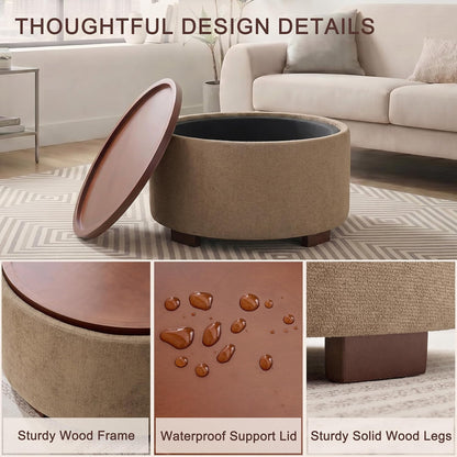 Huatean Home 29.1 Inch Round Coffee Table, Storage Ottoman with Removable Lid Top and Solid Wood Legs, Round Ottoman with Storage for Living Room, Bedroom, Corners, Entryway, Boucle Ottoman, Camel