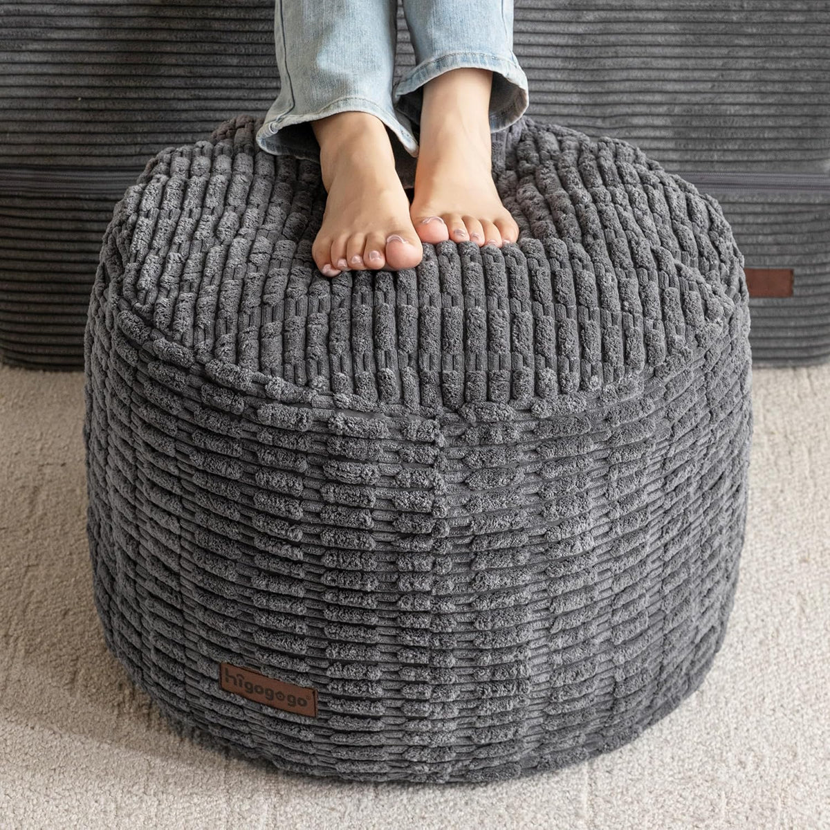 HIGOGOGO Pouf Ottoman Stuffed Round Modern Foam Filled Foot Rest Poufs for Living Room Chair Decorative 20 X 15 Inches Boho Relax Stool for Wedding Christmas Party, Dark Grey