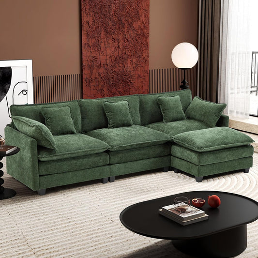 Ihanherry 111.4" L Shaped Modern Sofa Modular Sectional Cloud Couch with Ottoman, 4-Seat Chenille Deep Seat Sofa with Pillow for Living Room, Bedroom and Apartment, Green